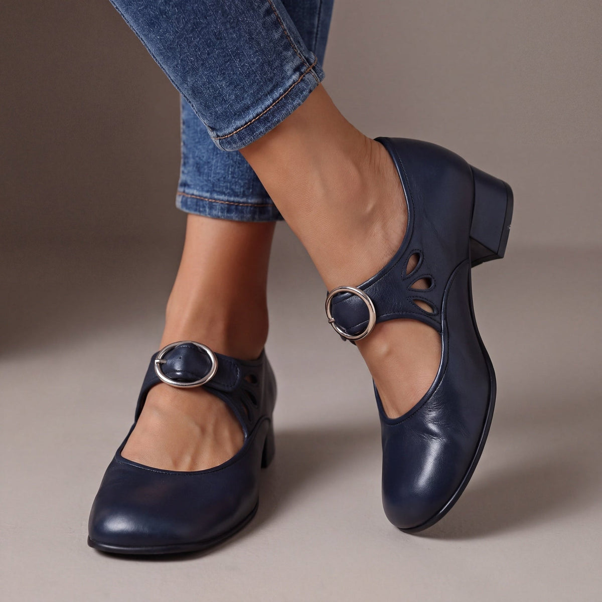 Evelita | Buckle Strap Leather Shoes with Low Heel