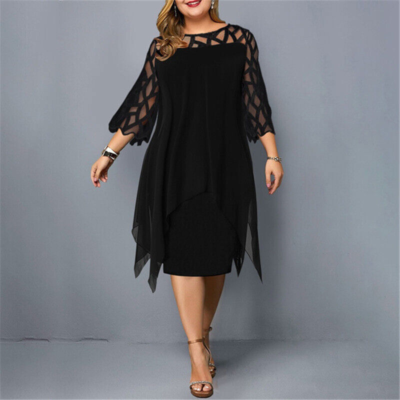 Krezia | Mesh Overlay Midi Dress Three Quarter Sleeves