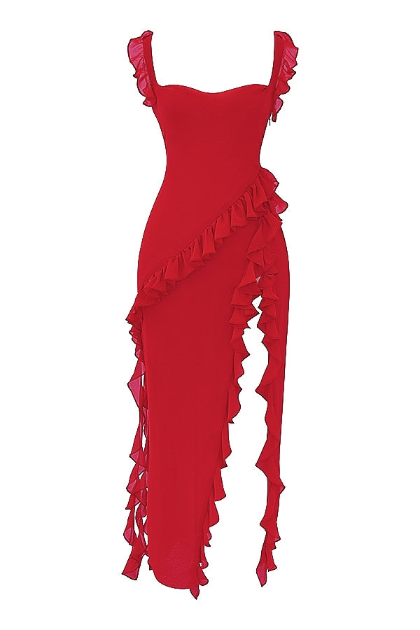 Dalia | Ruffle Trim High Split Maxi Dress