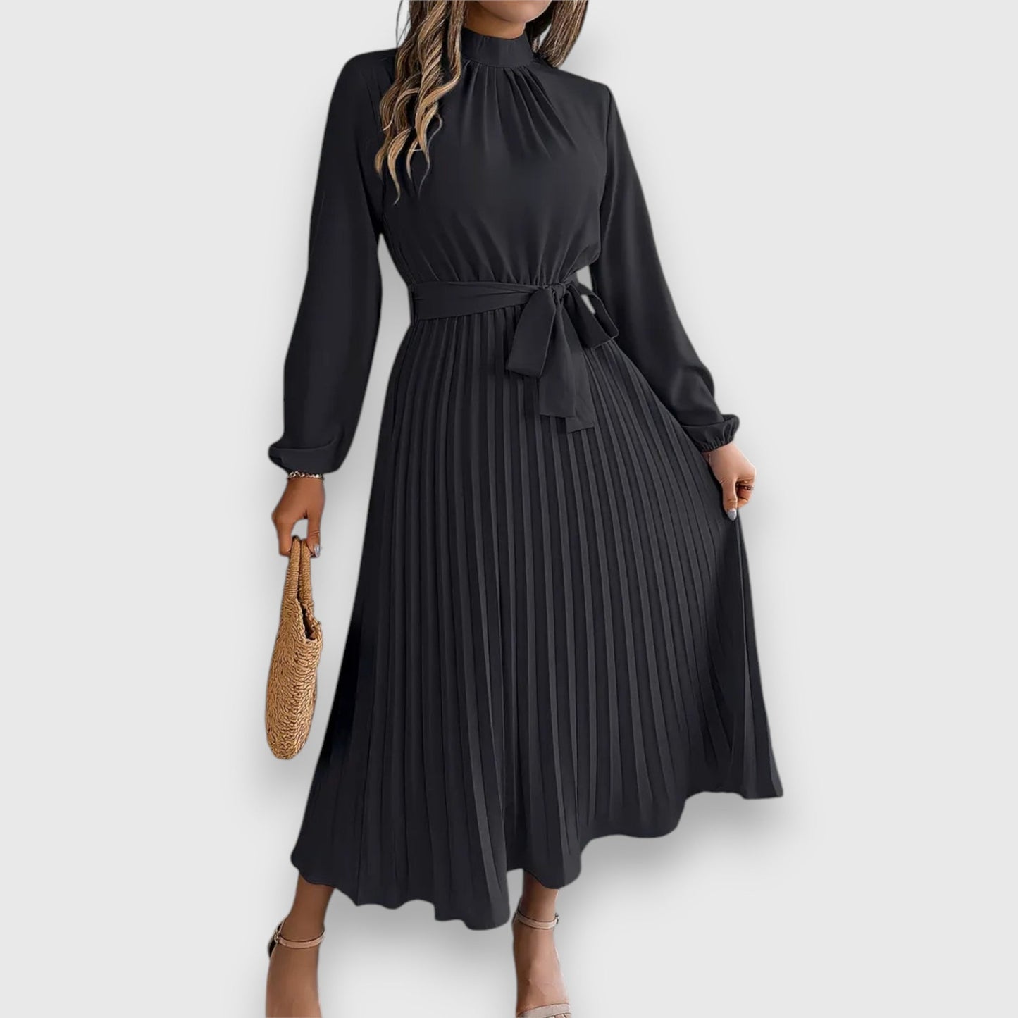 Lisa | Pleated Midi Dress with Tie Waist
