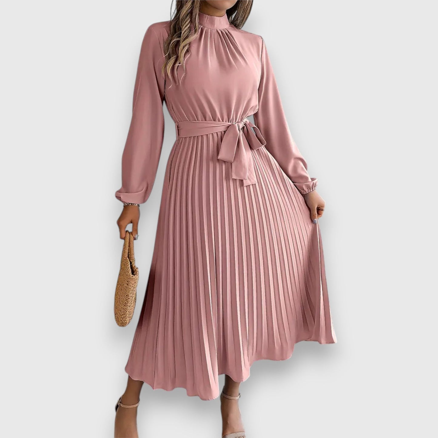 Lisa | Pleated Midi Dress with Tie Waist