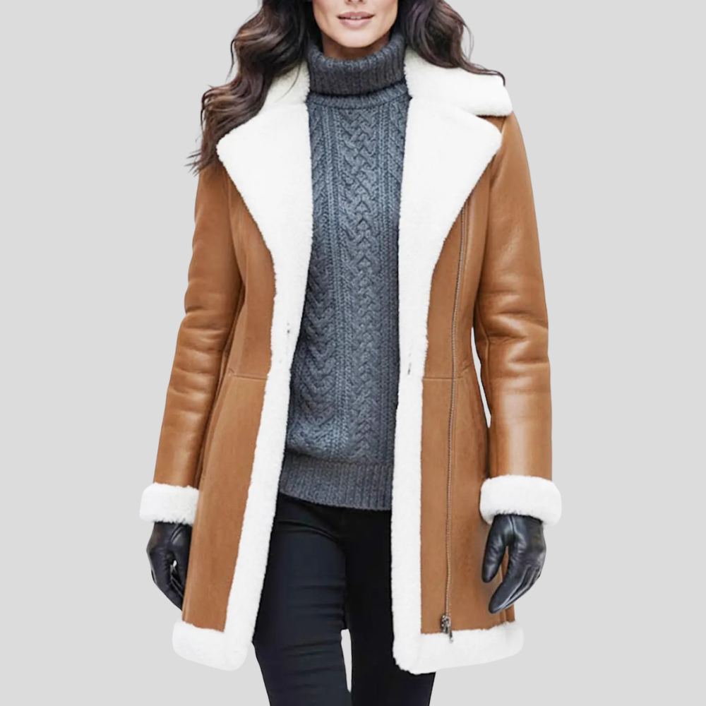 Annemie | Long Sleeve Coat with Cream Lapels