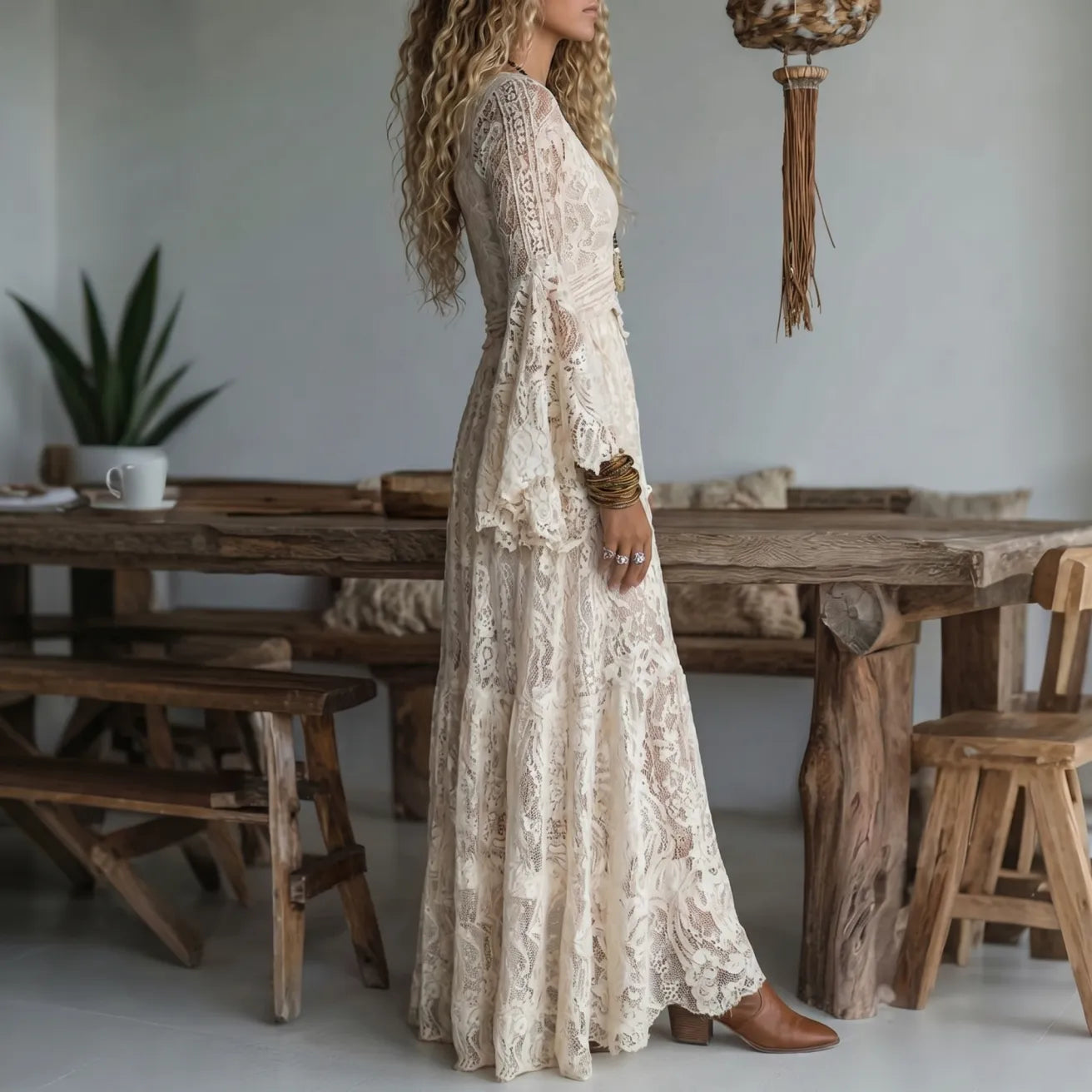 Chariya | Lace Maxi Dress Flared Sleeve Cream