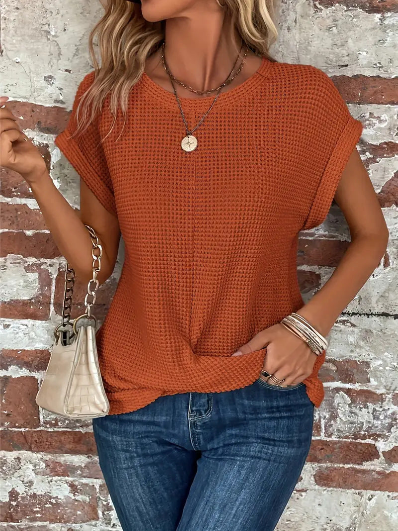Mila | Round Neck Textured Short Sleeve Blouse