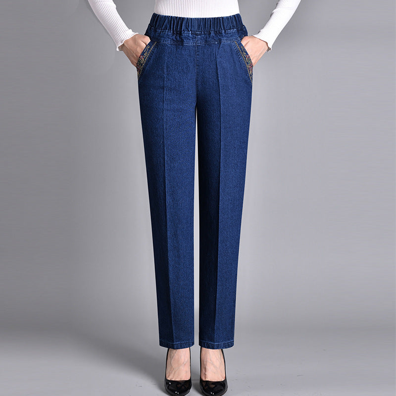 Loretie | Elasticated Embroidered Straight Leg Jeans