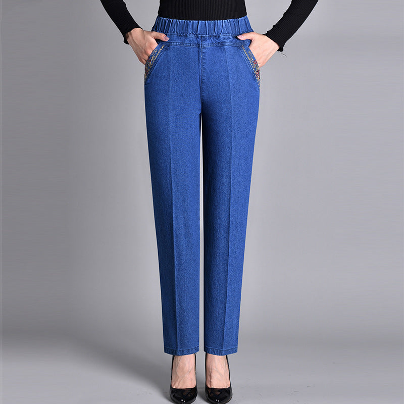 Loretie | Elasticated Embroidered Straight Leg Jeans