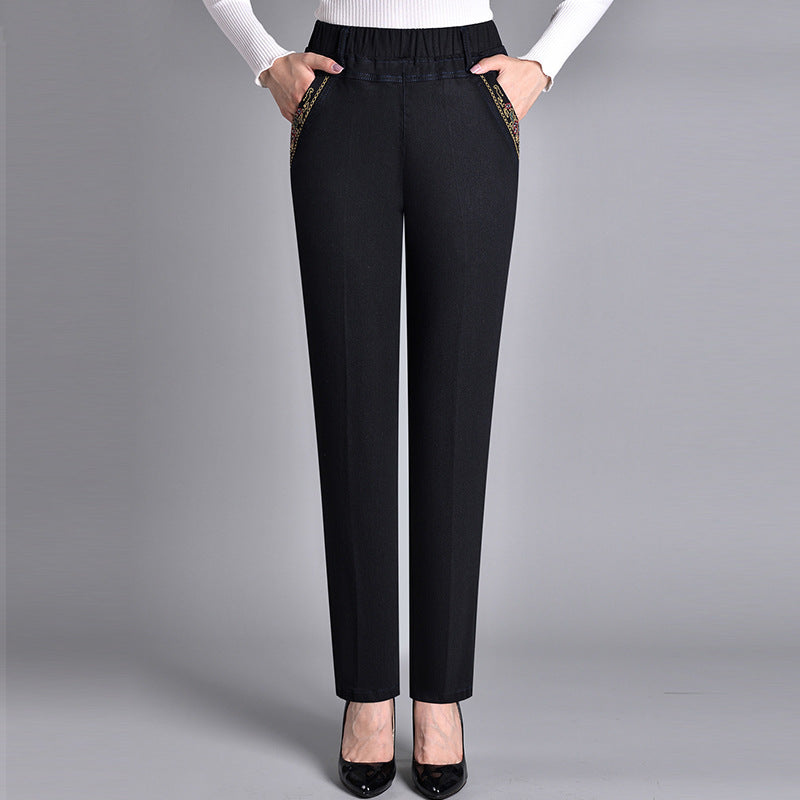 Loretie | Elasticated Embroidered Straight Leg Jeans