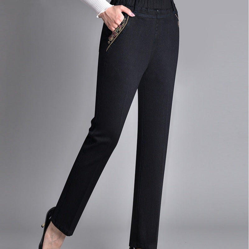 Loretie | Elasticated Embroidered Straight Leg Jeans