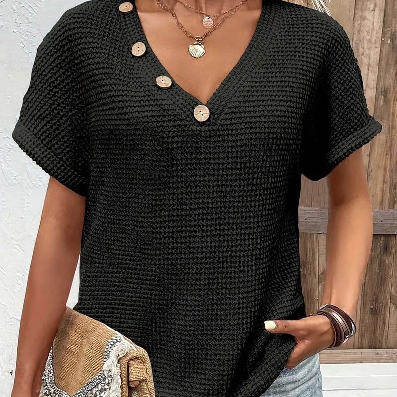 Lindse | Short Sleeve Textured V Neck Top