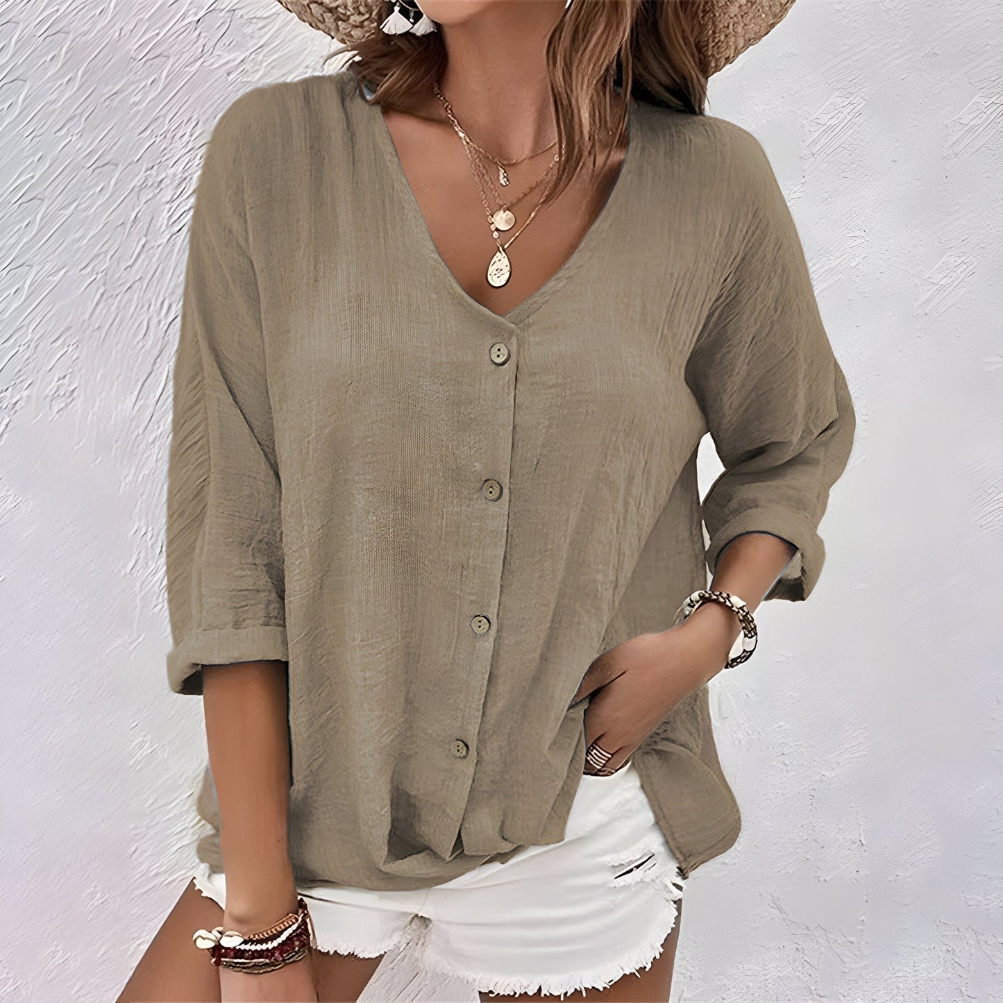Asimoula - V Neck Button Front Loose Blouse