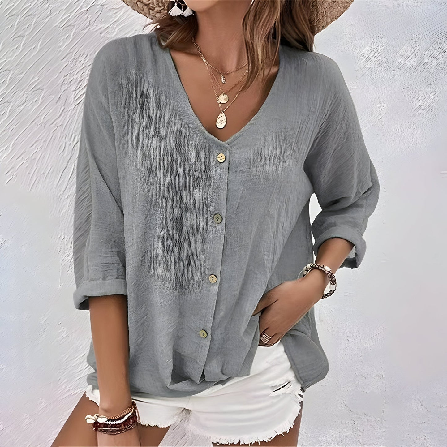 Asimoula - V Neck Button Front Loose Blouse