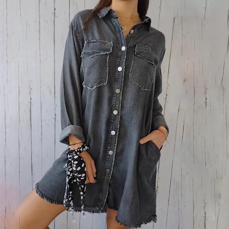 Christiane | Longline Button Front Denim-Style Shirt Jacket