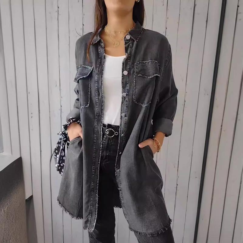 Christiane | Longline Button Front Denim-Style Shirt Jacket