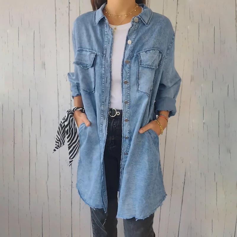 Christiane | Longline Button Front Denim-Style Shirt Jacket
