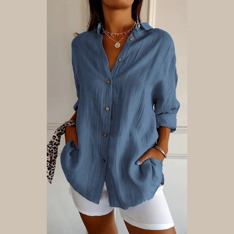 Virgie - Long Sleeve Button Front Pocket Shirt
