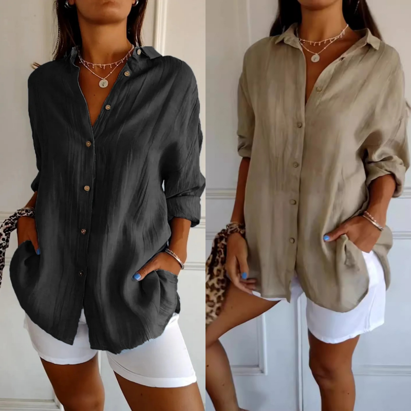 Virgie - Long Sleeve Button Front Pocket Shirt