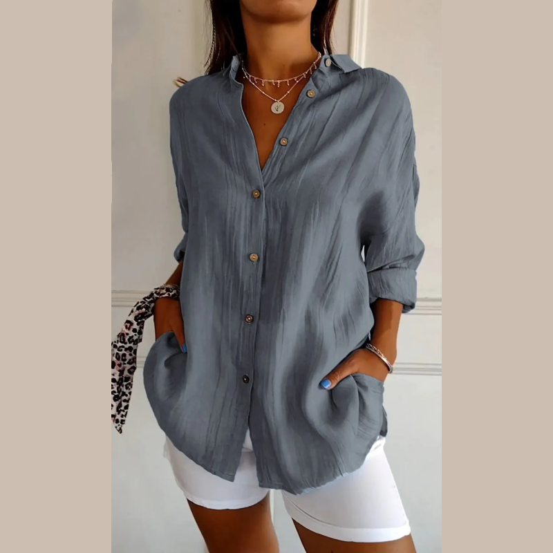 Virgie - Long Sleeve Button Front Pocket Shirt