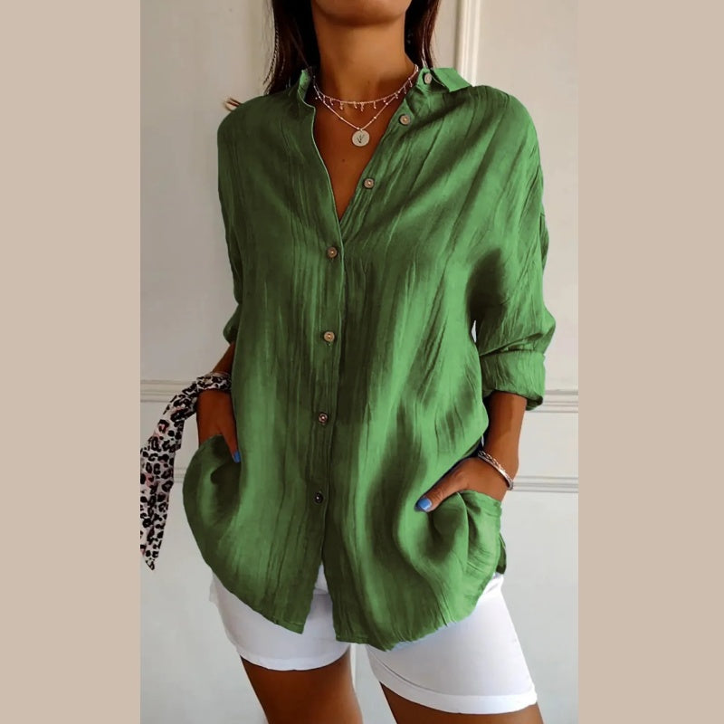 Virgie - Long Sleeve Button Front Pocket Shirt