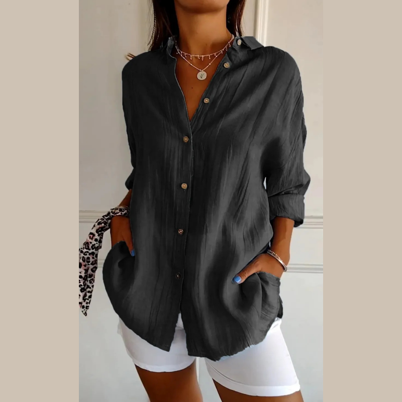 Virgie - Long Sleeve Button Front Pocket Shirt