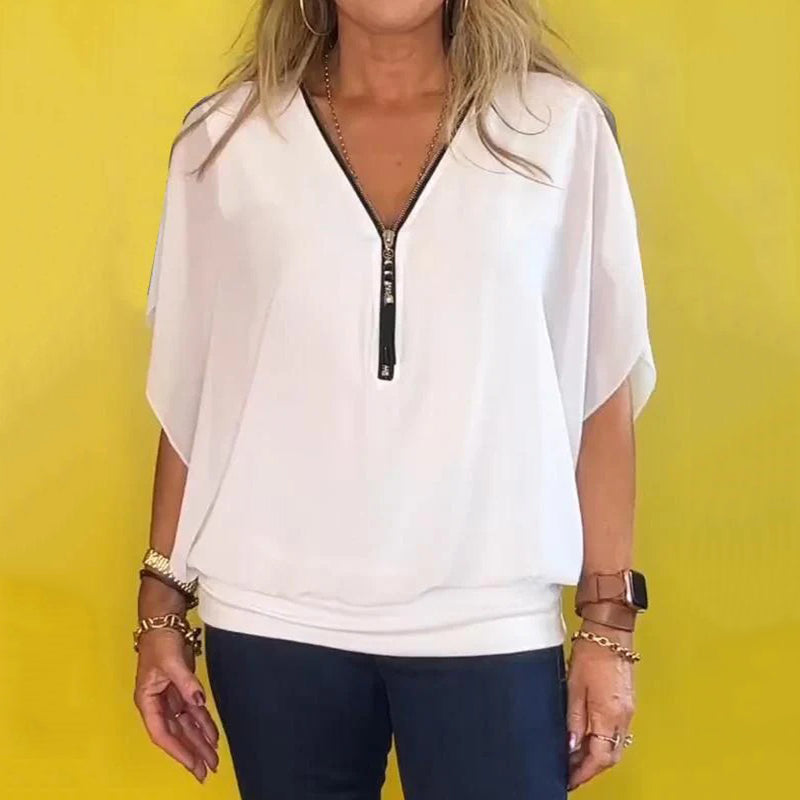 Shauna | Top With Zip Neck And Sheer Sleeves