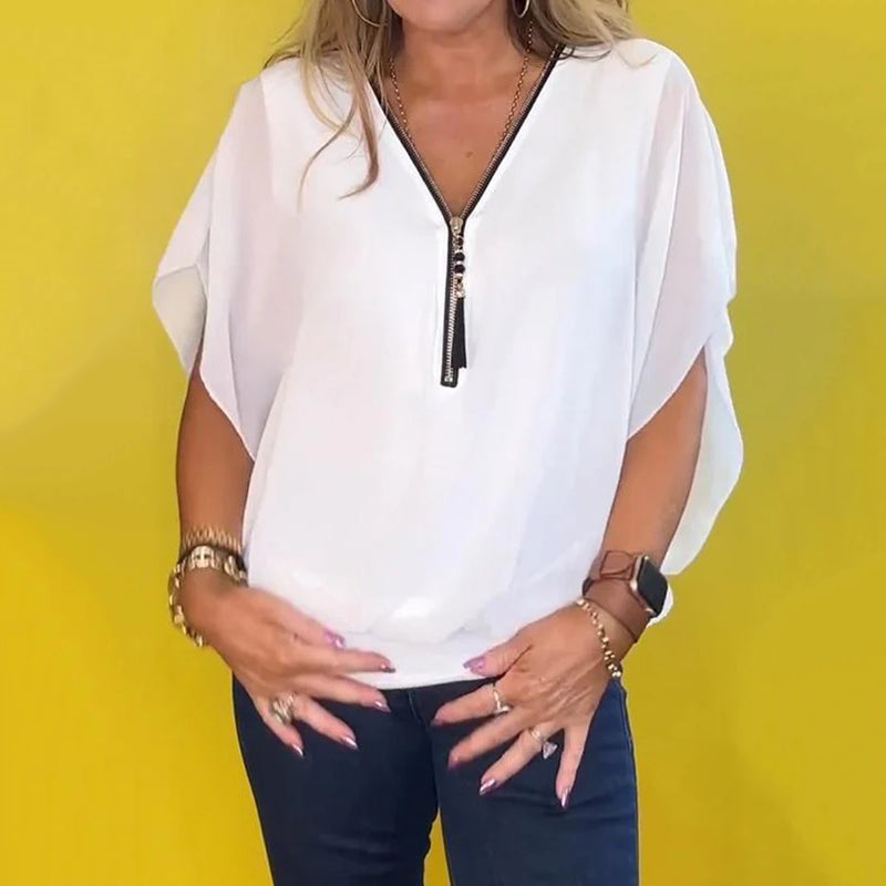 Shauna | Top With Zip Neck And Sheer Sleeves