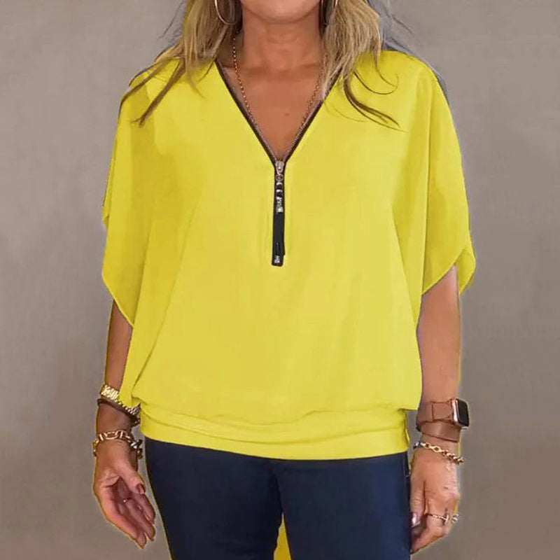 Shauna | Top With Zip Neck And Sheer Sleeves
