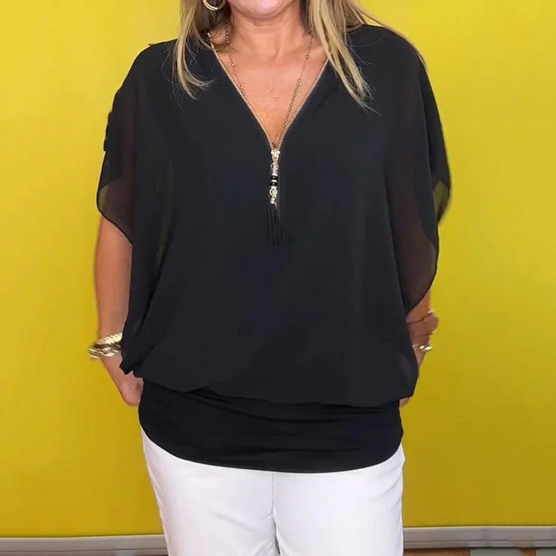 Shauna | Top With Zip Neck And Sheer Sleeves