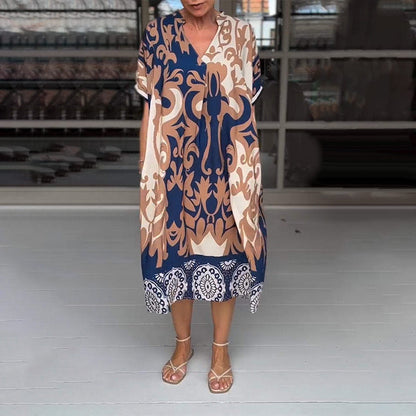 Rilana | Printed V Neck Loose Midi Dress