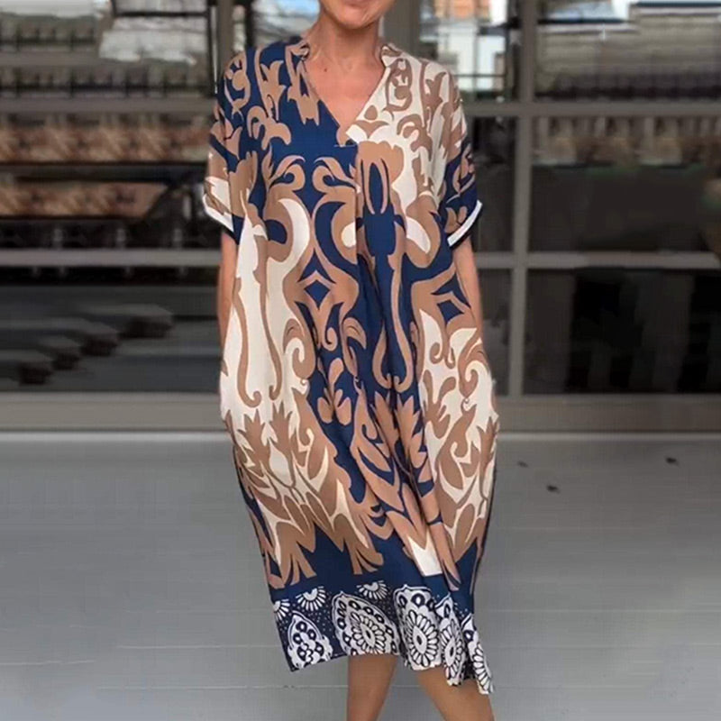 Rilana | Printed V Neck Loose Midi Dress