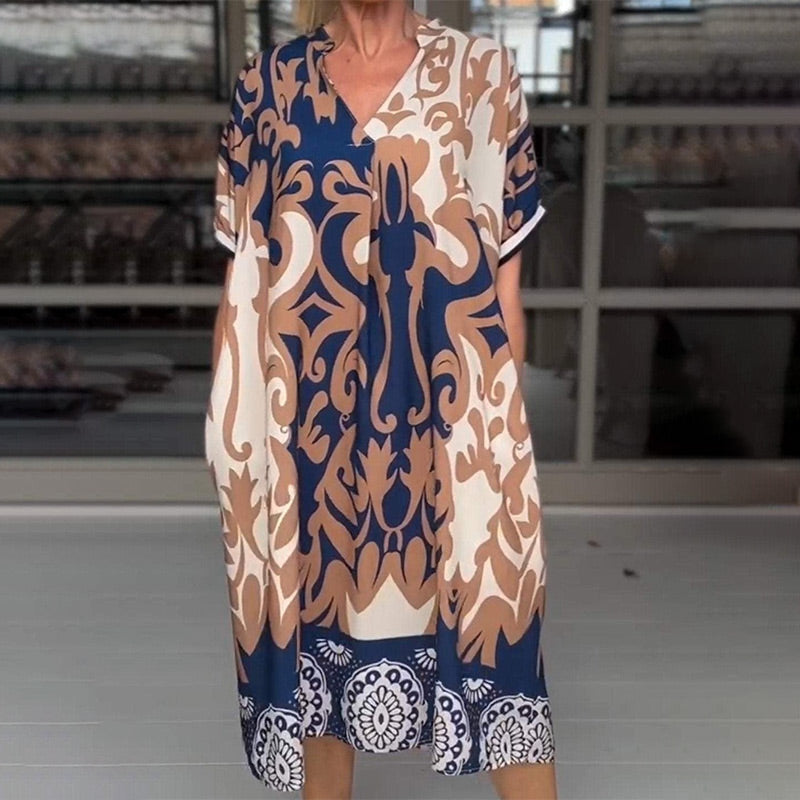 Rilana | Printed V Neck Loose Midi Dress
