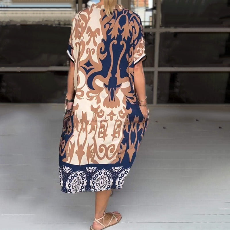 Rilana | Printed V Neck Loose Midi Dress