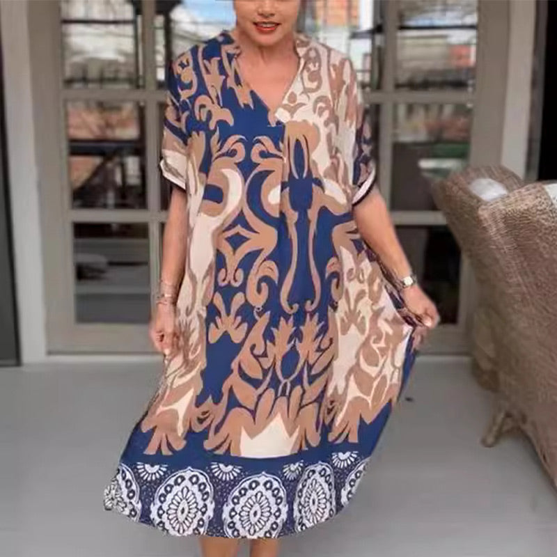 Rilana | Printed V Neck Loose Midi Dress