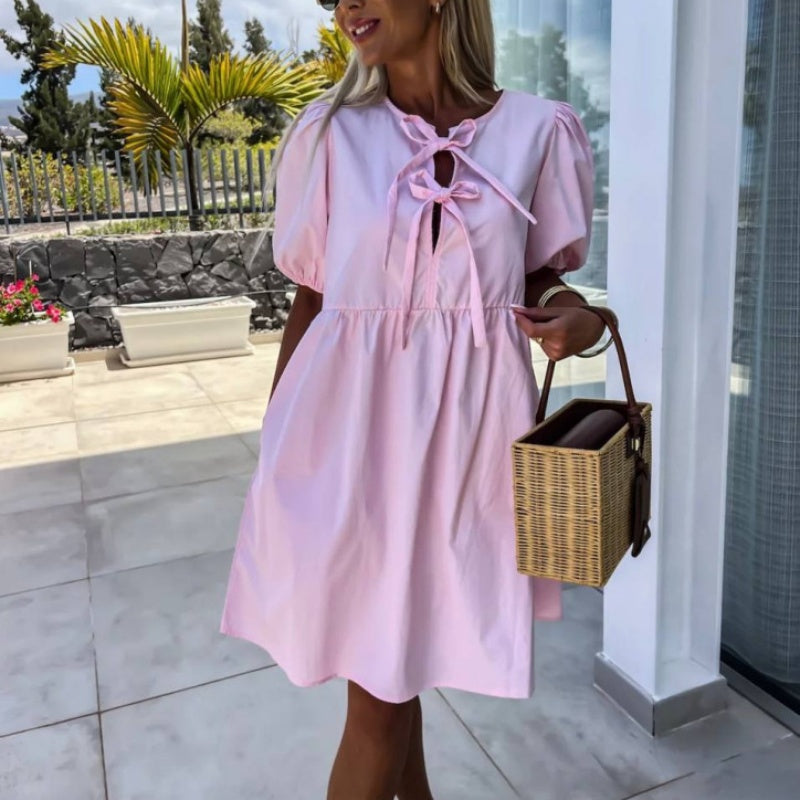 Oana | Bow Tie Puff Sleeve Smock Dress