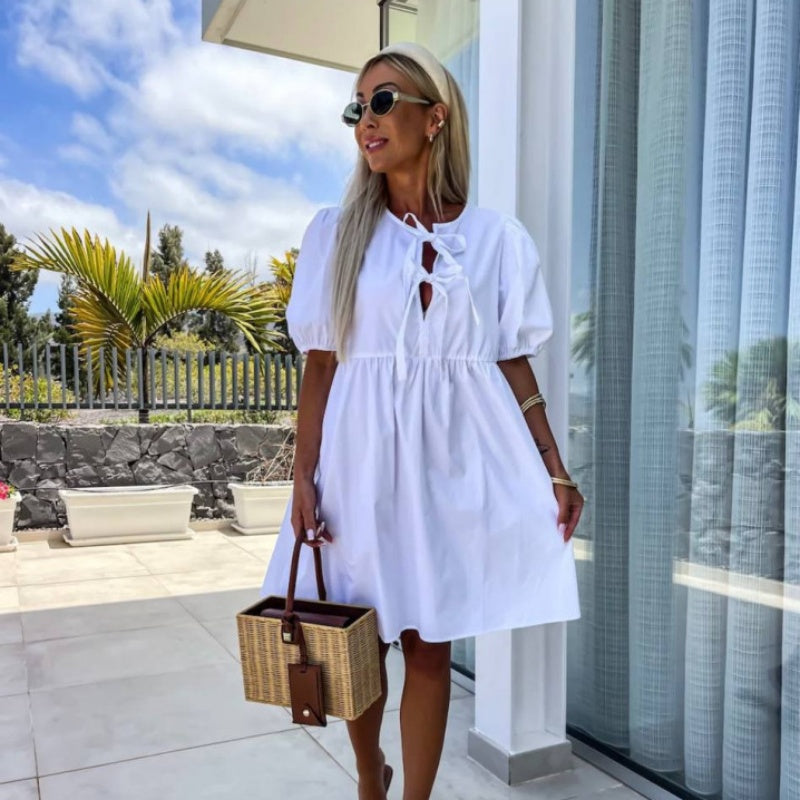 Oana | Bow Tie Puff Sleeve Smock Dress