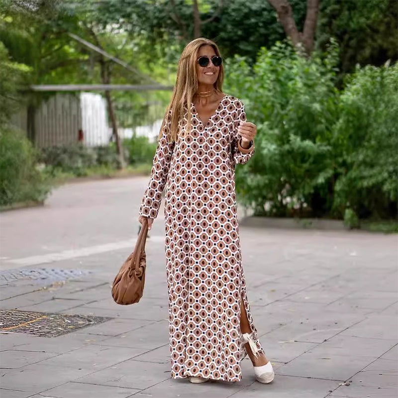 Henar | Maxi Dress Long Sleeve V Neck Print