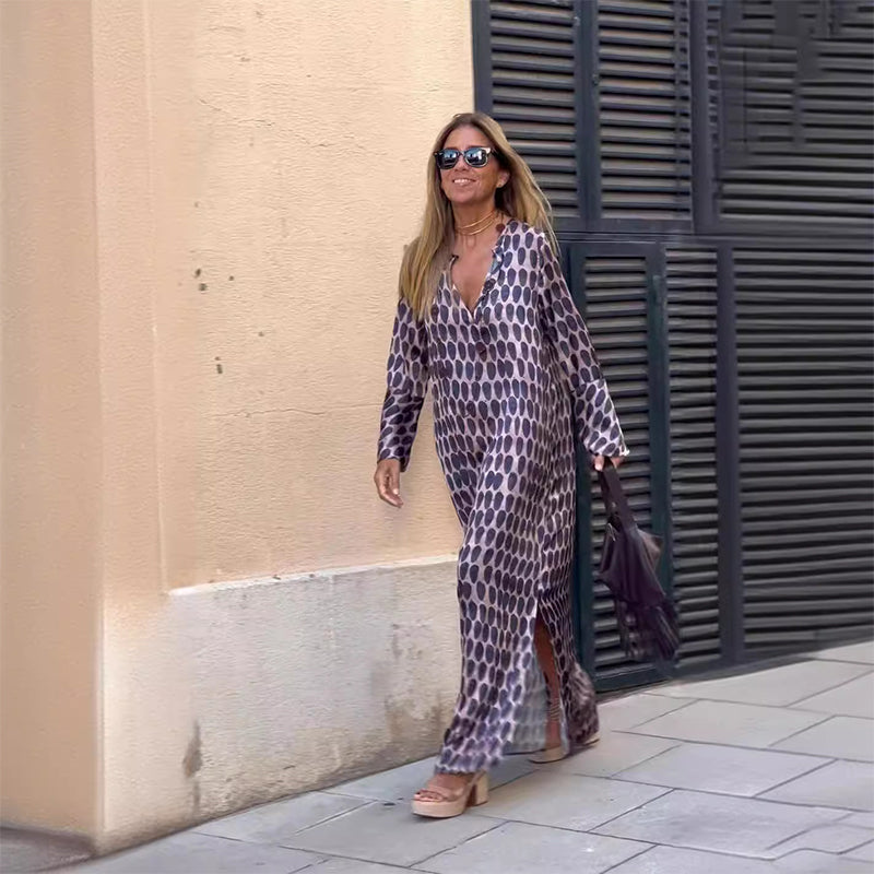 Henar | Maxi Dress Long Sleeve V Neck Print