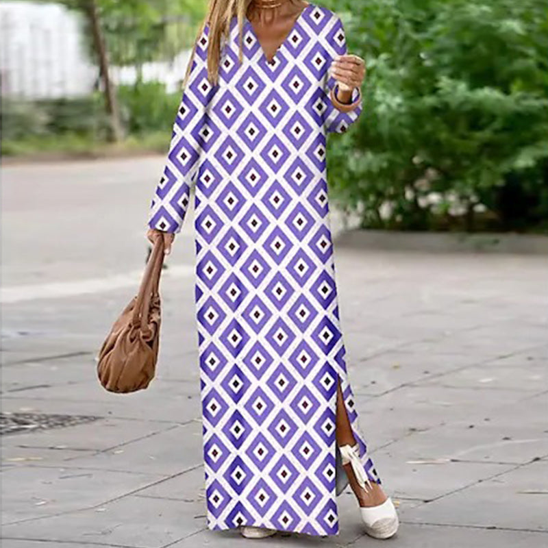Henar | Maxi Dress Long Sleeve V Neck Print