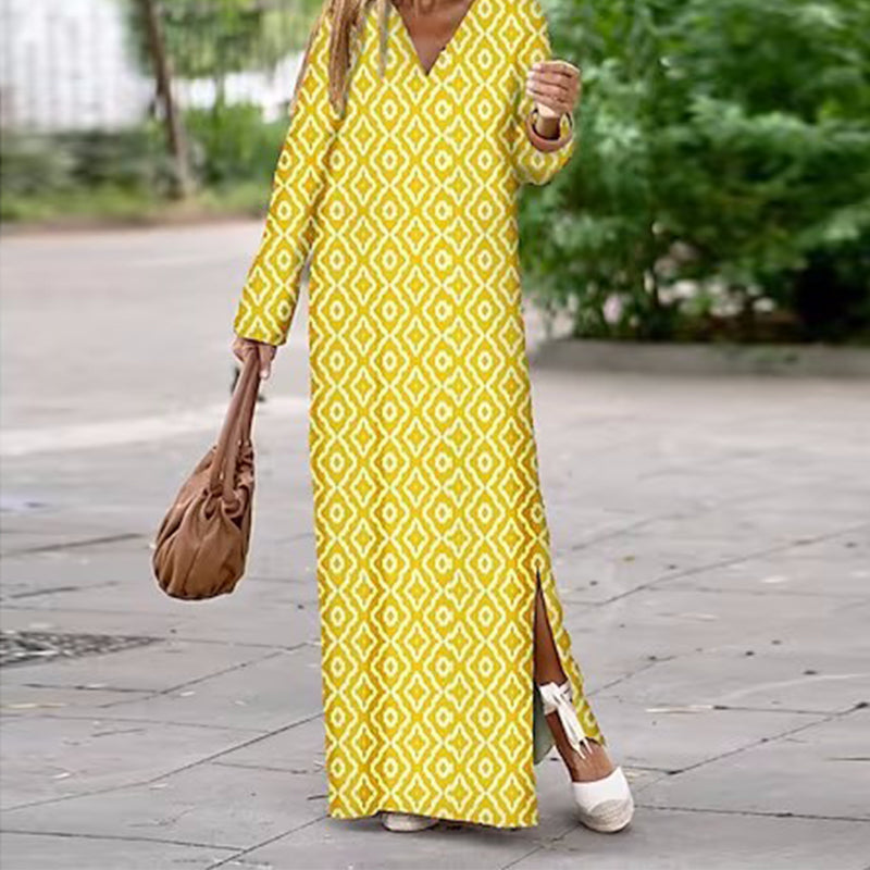 Henar | Maxi Dress Long Sleeve V Neck Print