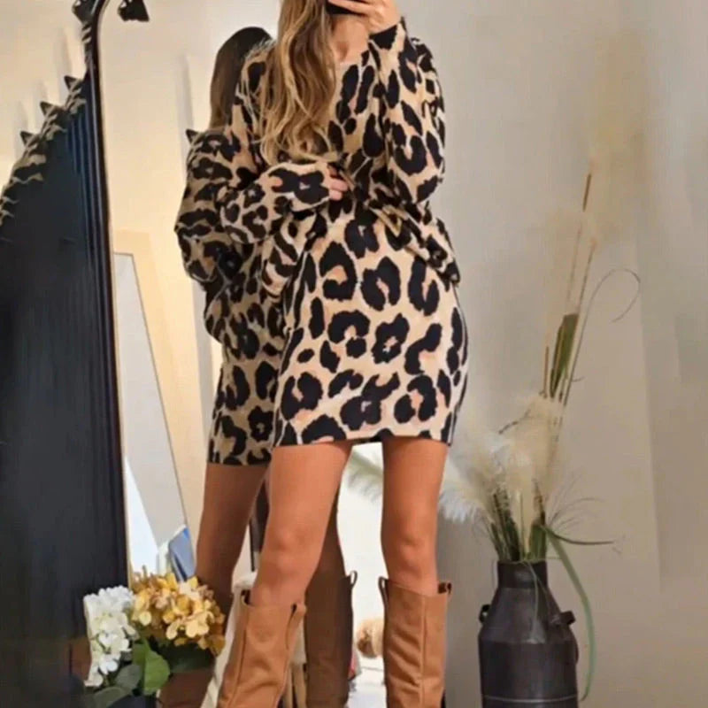 Cathy | Mini Dress Leopard Print Long Sleeve Loose Fit