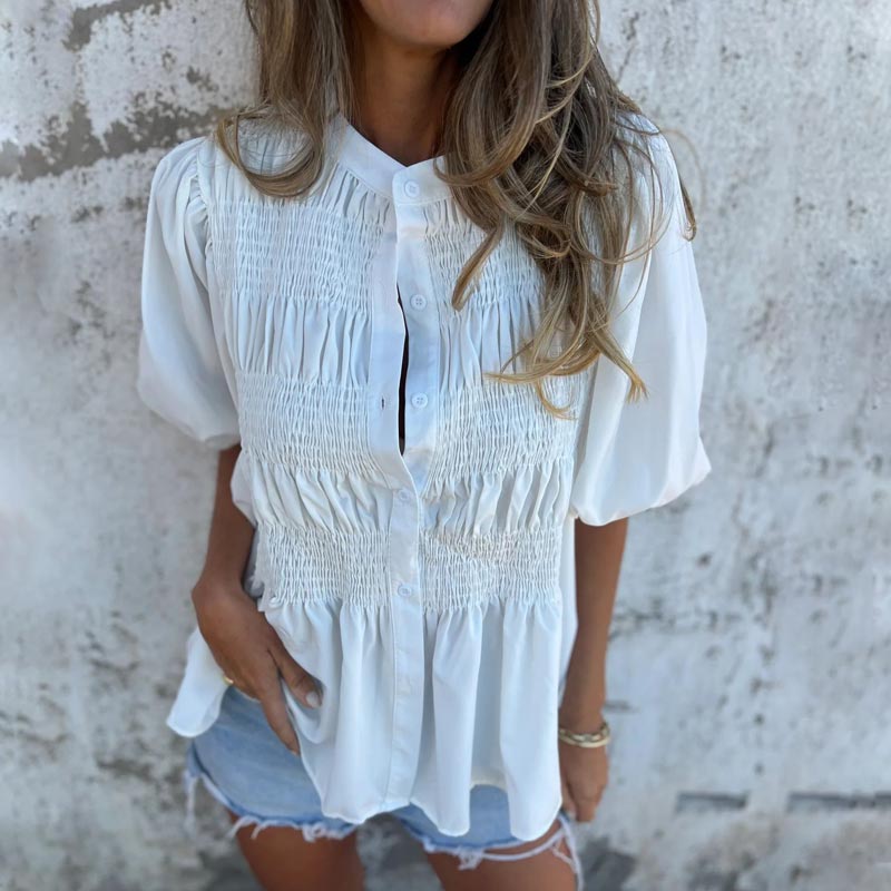 Megan | Puff Sleeve Smocked Button Front Blouse