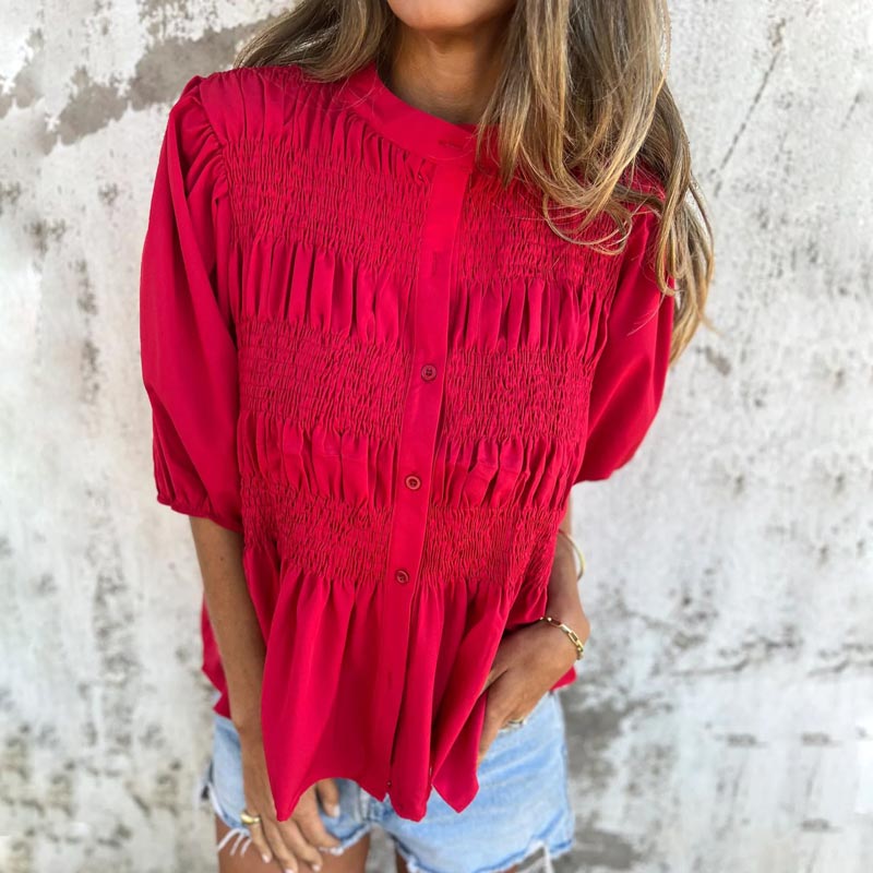 Megan | Puff Sleeve Smocked Button Front Blouse