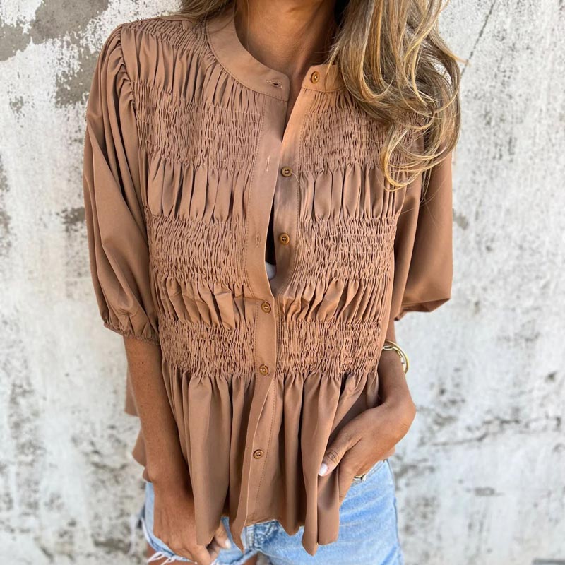 Megan | Puff Sleeve Smocked Button Front Blouse