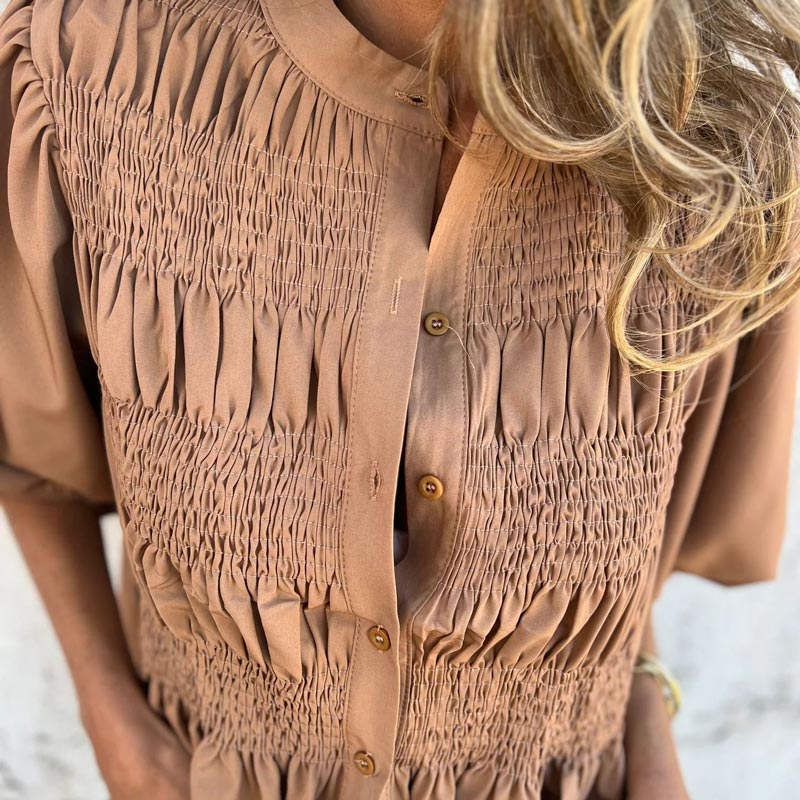 Megan | Puff Sleeve Smocked Button Front Blouse