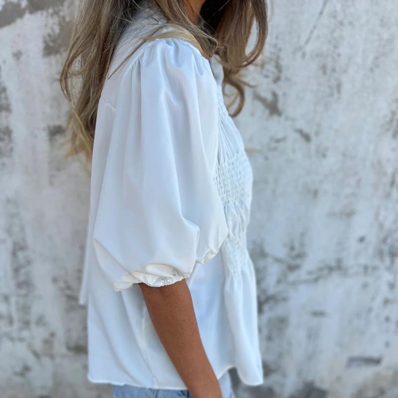 Megan | Puff Sleeve Smocked Button Front Blouse