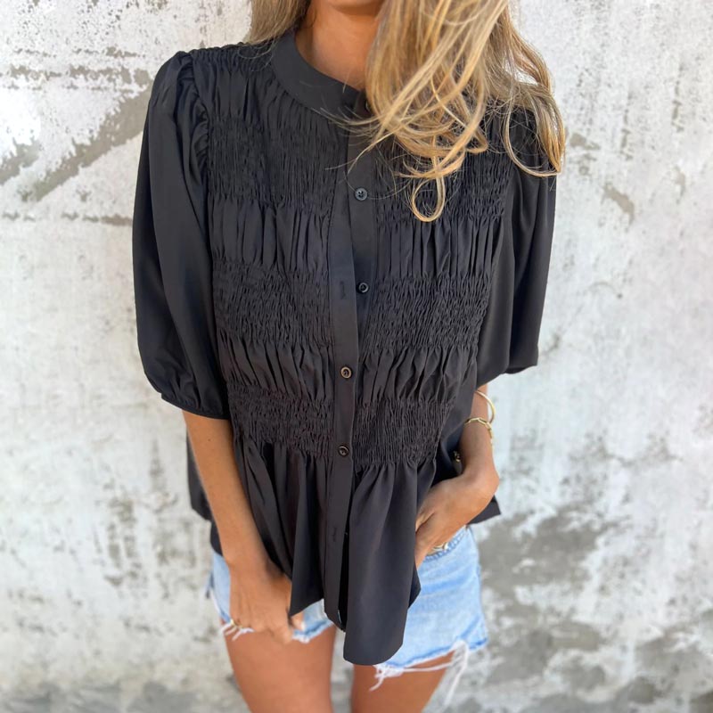 Megan | Puff Sleeve Smocked Button Front Blouse