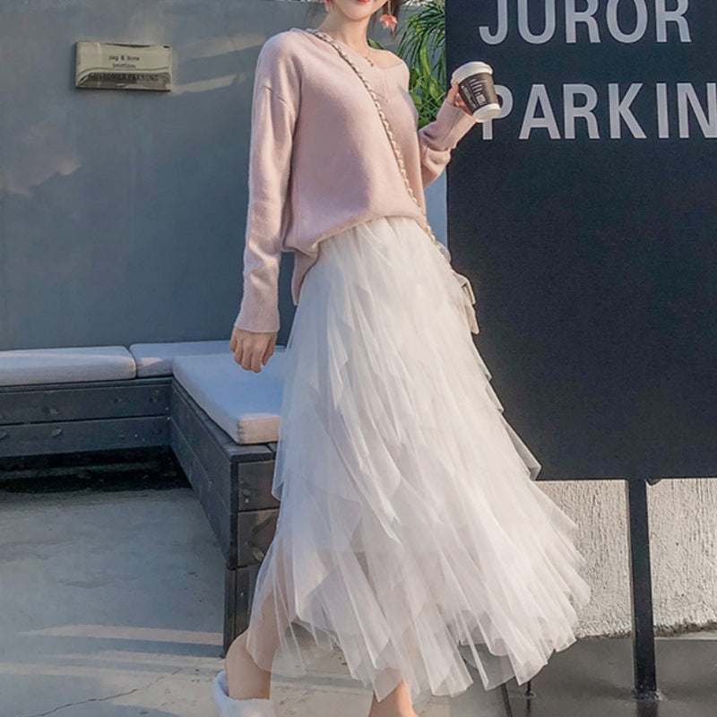 Nadeene | Layered Mesh Midi Tulle Skirt