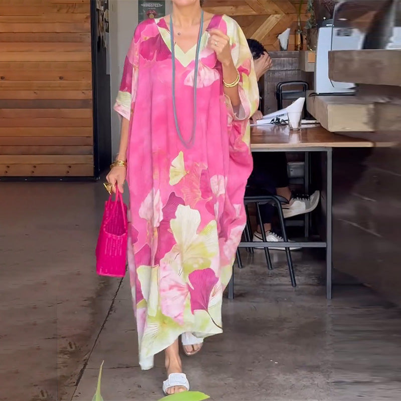 Gima - Floral Print V Neck Maxi Dress