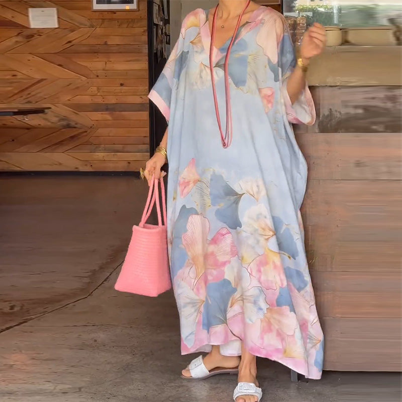 Gima - Floral Print V Neck Maxi Dress
