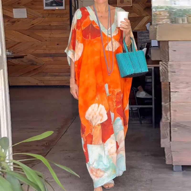 Gima - Floral Print V Neck Maxi Dress