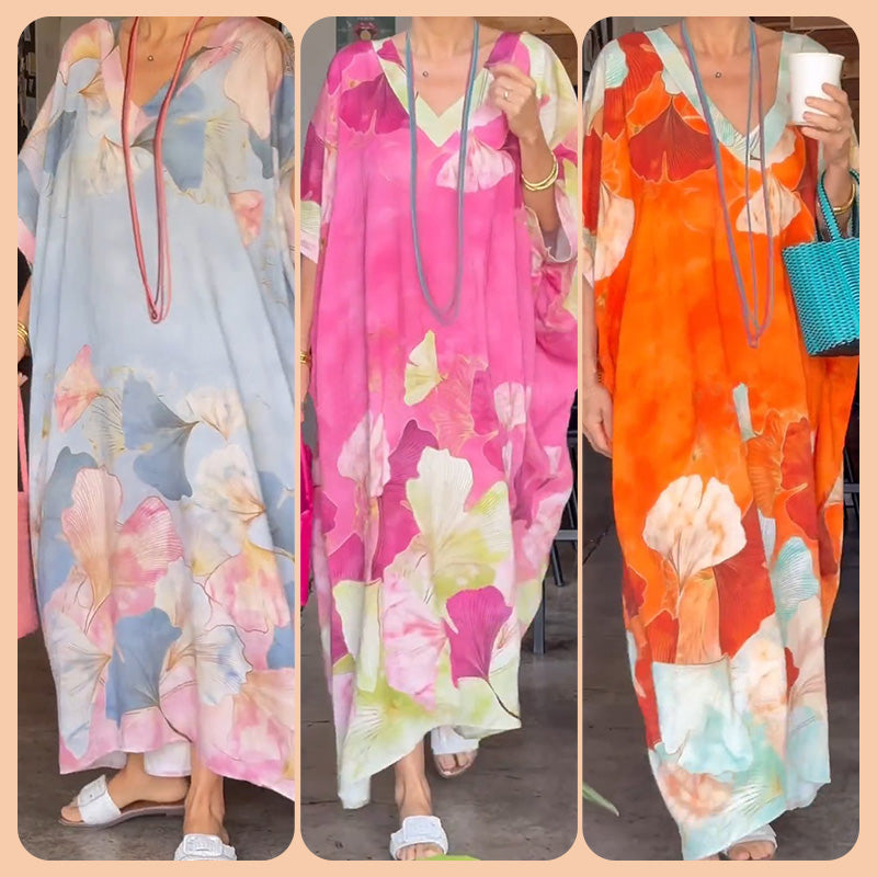 Gima - Floral Print V Neck Maxi Dress